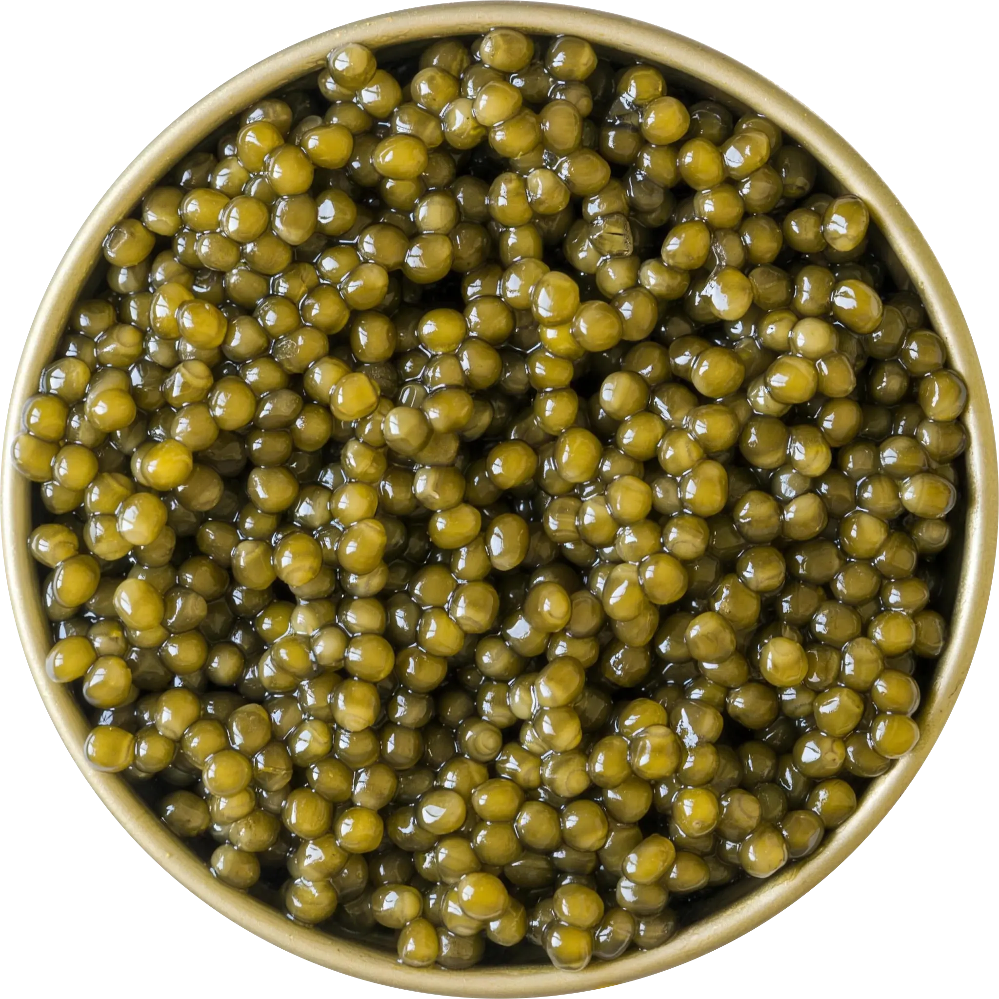 Boîte de caviar Baerii Gold vue de dessus, grains vert doré